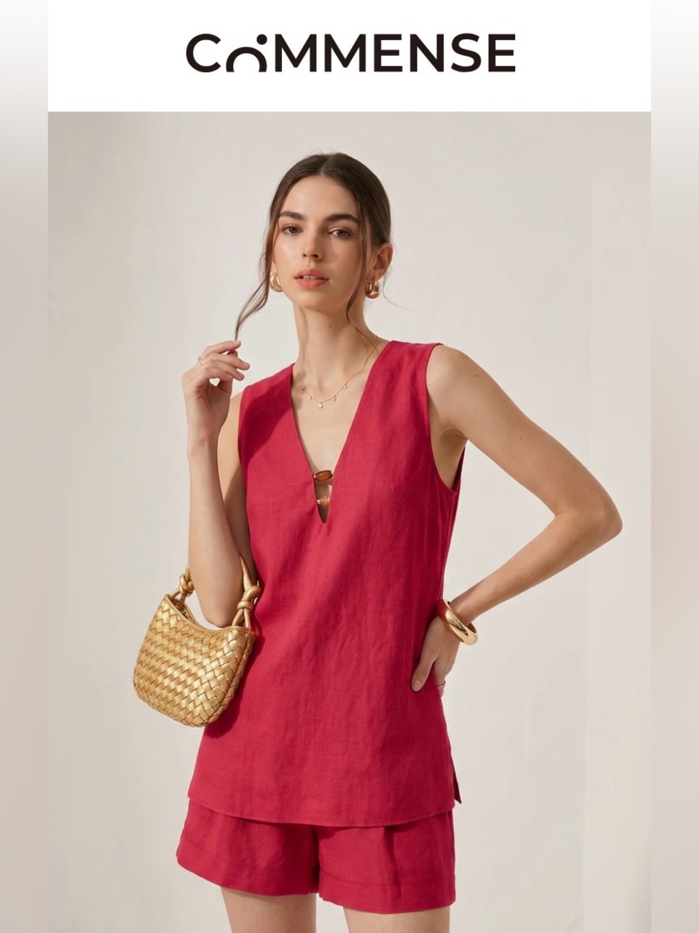 Commense Red Sleeveless V-Neck sleeveless top and elastic waist shorts